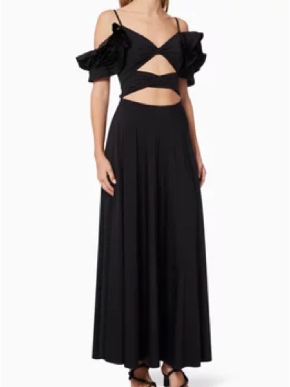 Maygel Coronel Solsticio Maxi Dress Black Ruffle Gala Sweetheart Neck Party OS